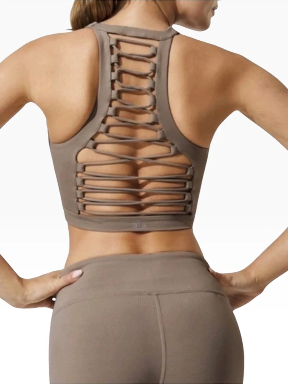 Alo Yoga Movement Lace-Up Corset Sports Bra Taupe Gray/Gravel Size XS